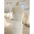 real photo spaghetti straps satin two color lace mermaid wedding dress